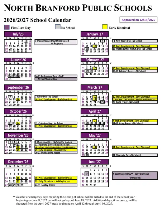North Branford Public Schools 2026–2027 Academic Calendar Page 1