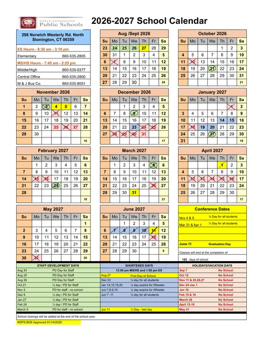 North Stonington Public Schools 2026–2027 Academic Calendar Page 1