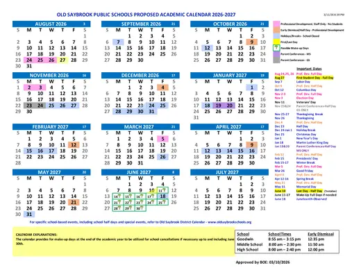 Old Saybrook Public Schools 2026–2027 Academic Calendar Page 1