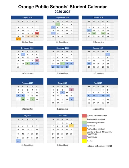 Orange Public Schools 2026–2027 Academic Calendar Page 1