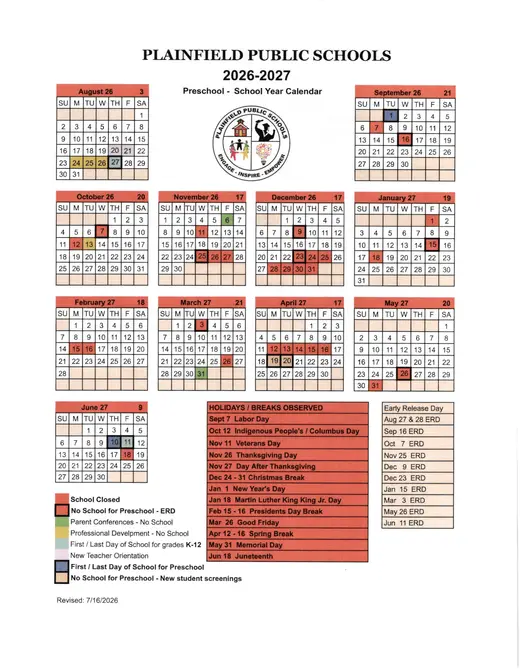Plainfield Public Schools (1) 2026–2027 Academic Calendar Page 1