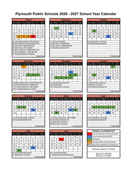Plymouth Public Schools 2026–2027 Academic Calendar Page 1