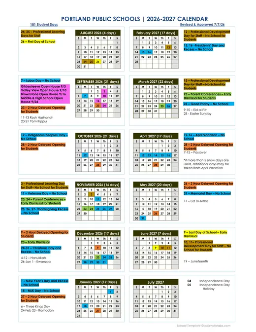Portland Public Schools 2026–2027 Academic Calendar Page 1