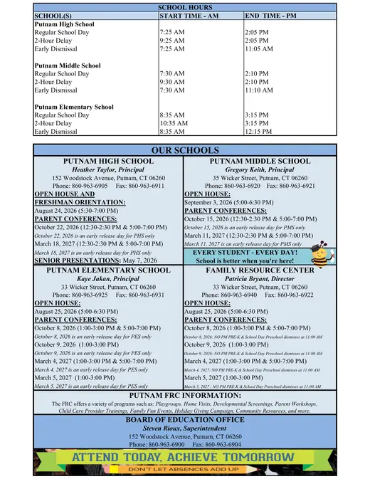 Putnam Public Schools 2026–2027 Academic Calendar Page 2