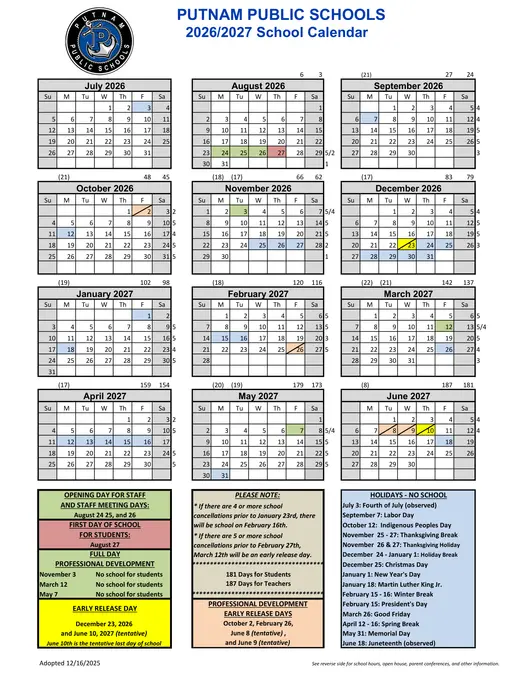 Putnam Public Schools 2026–2027 Academic Calendar Page 1