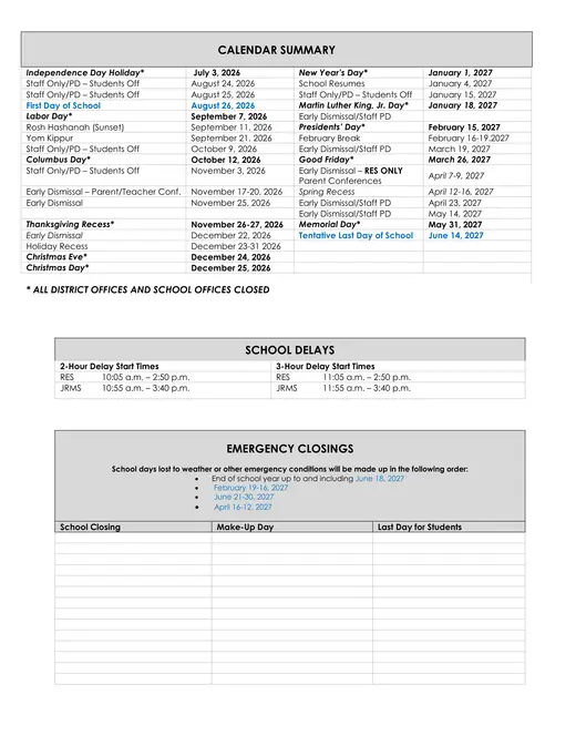 Redding School District 2026–2027 Academic Calendar Page 2