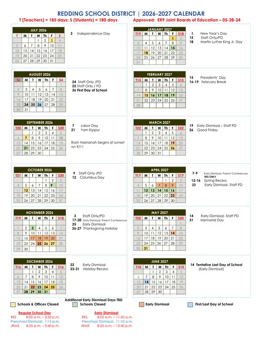 Redding School District 2026–2027 Academic Calendar Page 1