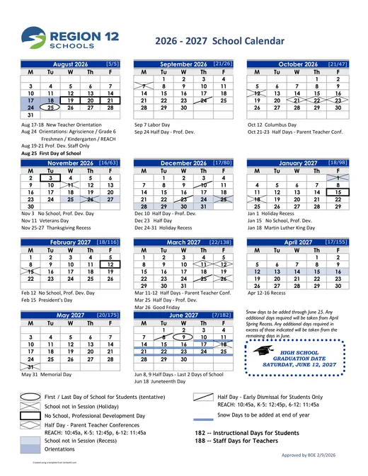 Region 12 Schools 2026–2027 Academic Calendar Page 1
