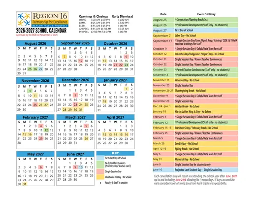 Region 16 2026–2027 Academic Calendar Page 1