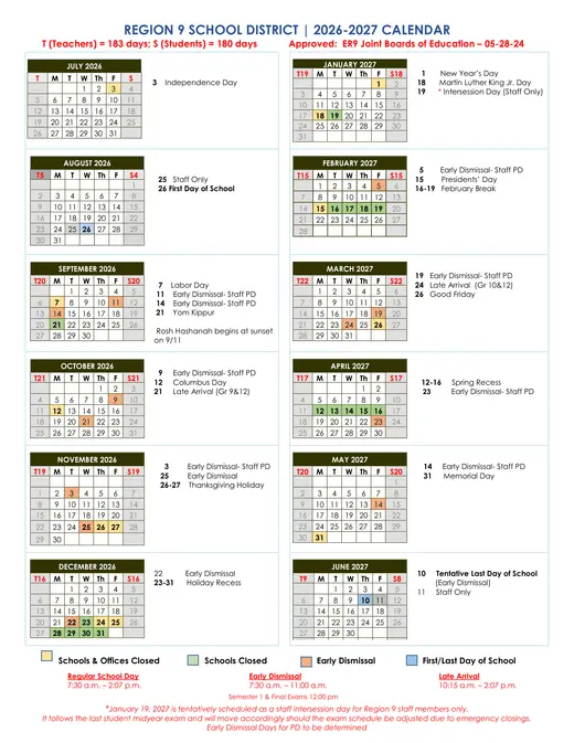 Region 9 School District 2026–2027 Academic Calendar Page 1