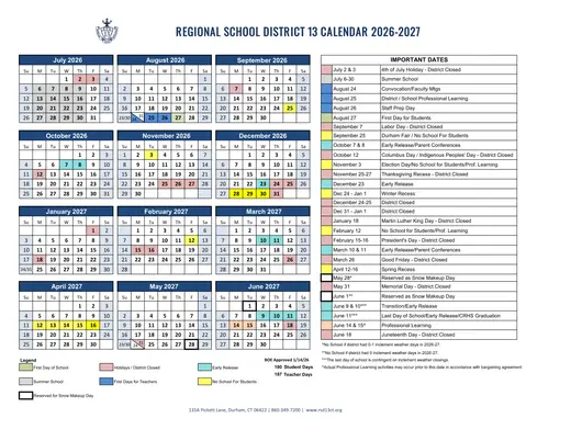 Regional School District 13 2026–2027 Academic Calendar Page 1