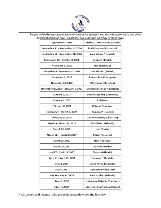 Regional School District 14 2026–2027 Academic Calendar Page 2