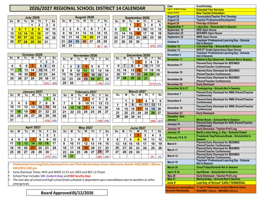 Regional School District 14 2026–2027 Academic Calendar Page 1