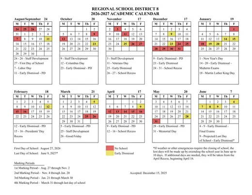 Regional School District 8 2026–2027 Academic Calendar Page 1