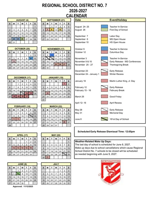 Regional School District No. 7 2026–2027 Academic Calendar Page 1
