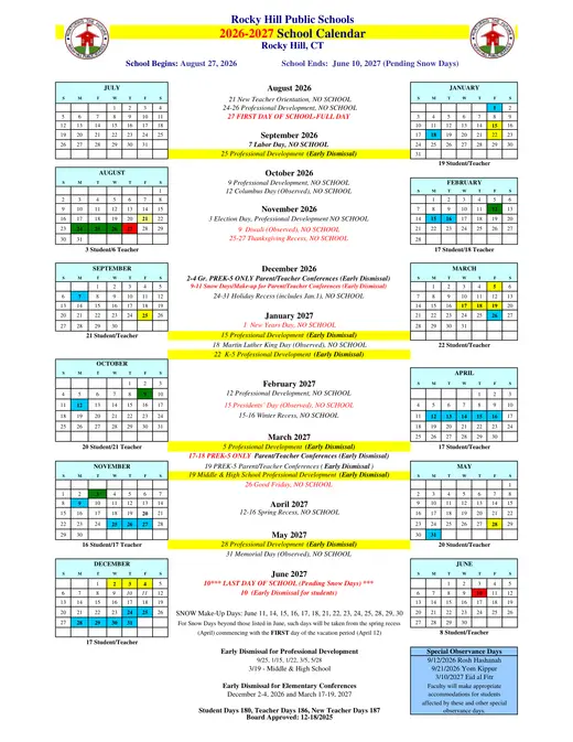Rocky Hill Public Schools 2026–2027 Academic Calendar Page 1
