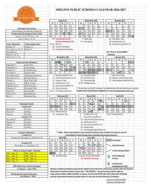 Shelton Public Schools 2026–2027 Academic Calendar