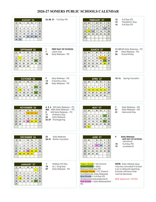 Somers Public Schools 2026–2027 Academic Calendar Page 1