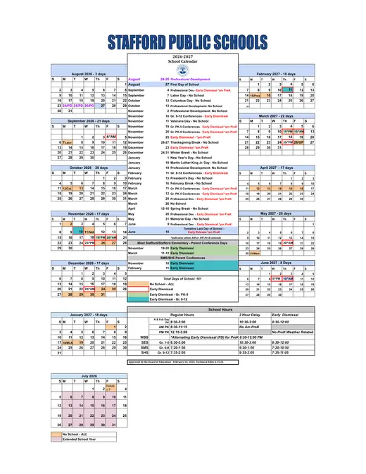 Stafford Public Schools 2026–2027 Academic Calendar Page 1