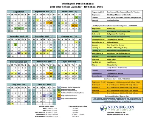 Stonington Public Schools 2026–2027 Academic Calendar Page 1