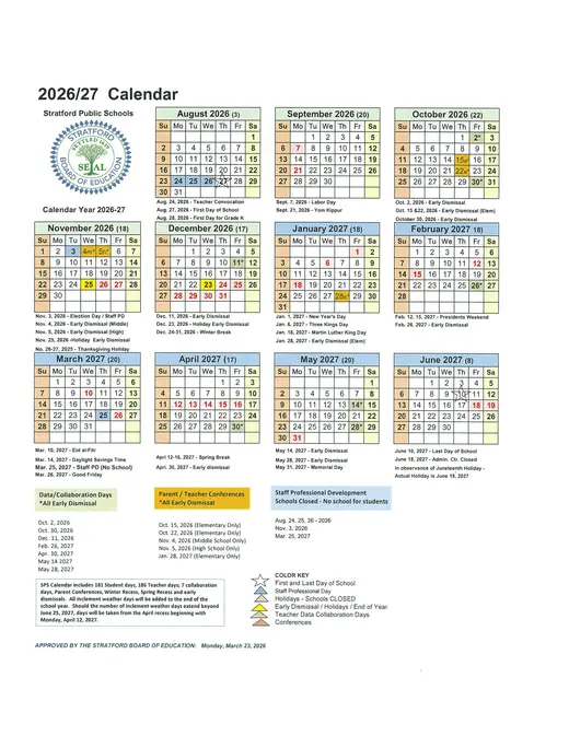 Stratford Public Schools 2026–2027 Academic Calendar