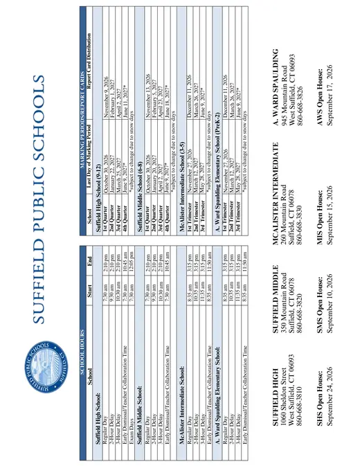 Suffield Public Schools 2026–2027 Academic Calendar Page 2