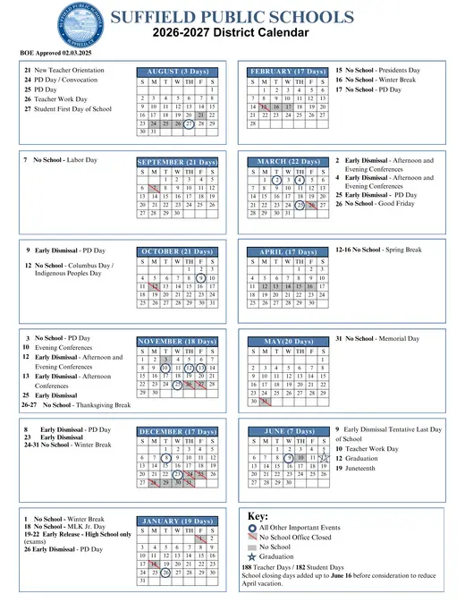 Suffield Public Schools 2026–2027 Academic Calendar Page 1