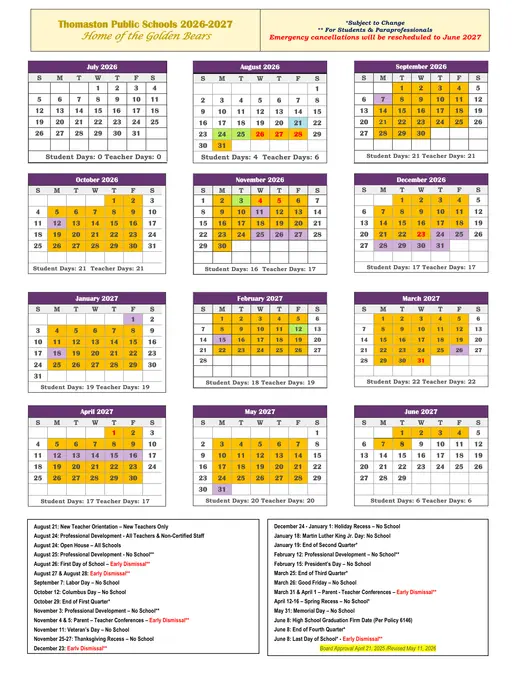Thomaston Public Schools 2026–2027 Academic Calendar Page 1