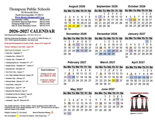 Thompson Public Schools 2026–2027 Academic Calendar Page 1