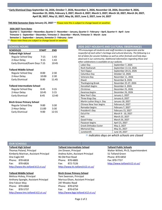 Tolland Public Schools 2026–2027 Academic Calendar Page 2