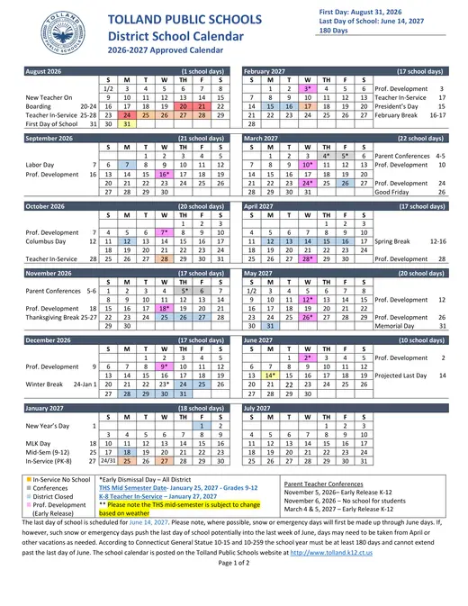 Tolland Public Schools 2026–2027 Academic Calendar Page 1