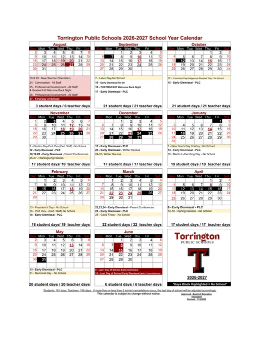 Torrington Public Schools 2026–2027 Academic Calendar Page 1
