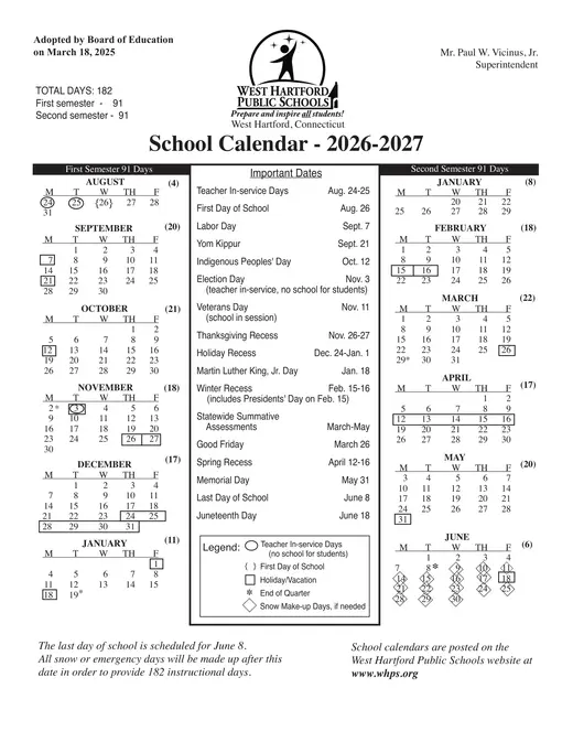 West Hartford Public Schools 2026–2027 Academic Calendar Page 1