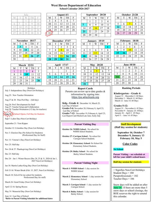 West Haven Department of Education 2026–2027 Academic Calendar