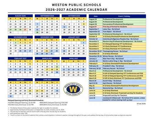 Weston Public Schools 2026–2027 Academic Calendar Page 1