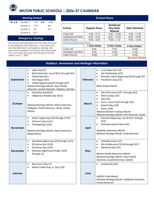 Wilton Public Schools 2026–2027 Academic Calendar Page 2