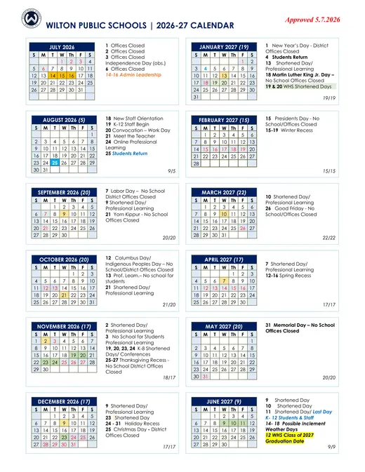 Wilton Public Schools 2026–2027 Academic Calendar Page 1