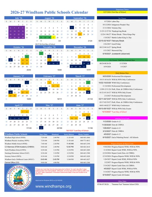 Windham Public Schools 2026–2027 Academic Calendar