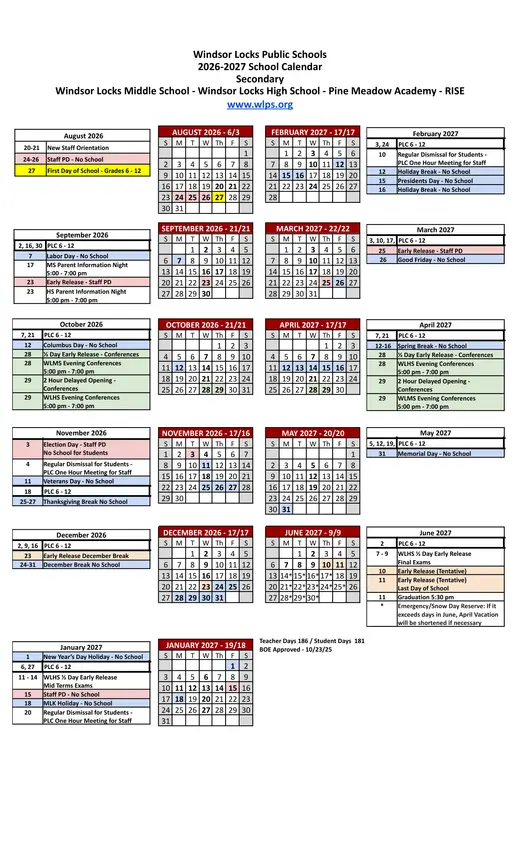 Windsor Locks Public Schools 2026–2027 Academic Calendar Page 2