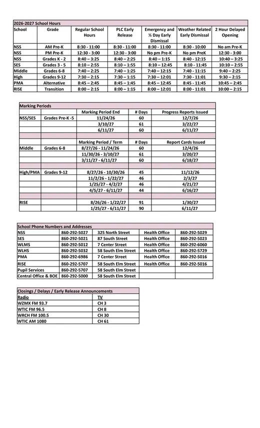 Windsor Locks Public Schools 2026–2027 Academic Calendar Page 3