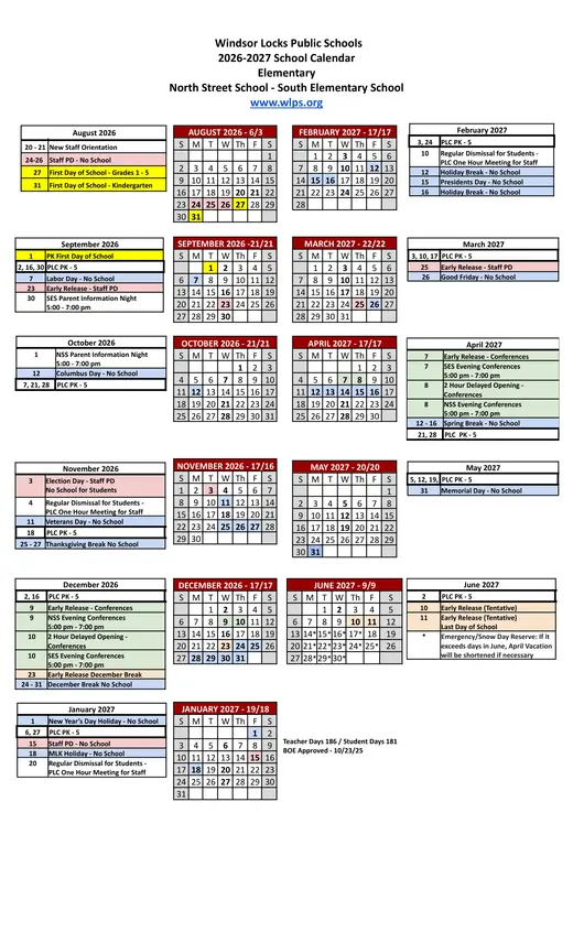 Windsor Locks Public Schools 2026–2027 Academic Calendar Page 1