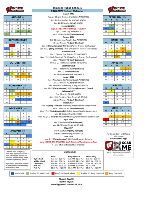 Windsor Public Schools 2026–2027 Academic Calendar