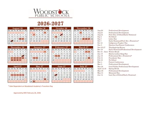 Woodstock Public Schools 2026–2027 Academic Calendar Page 1