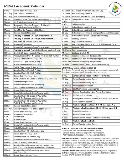 Appoquinimink School District 2026–2027 Academic Calendar