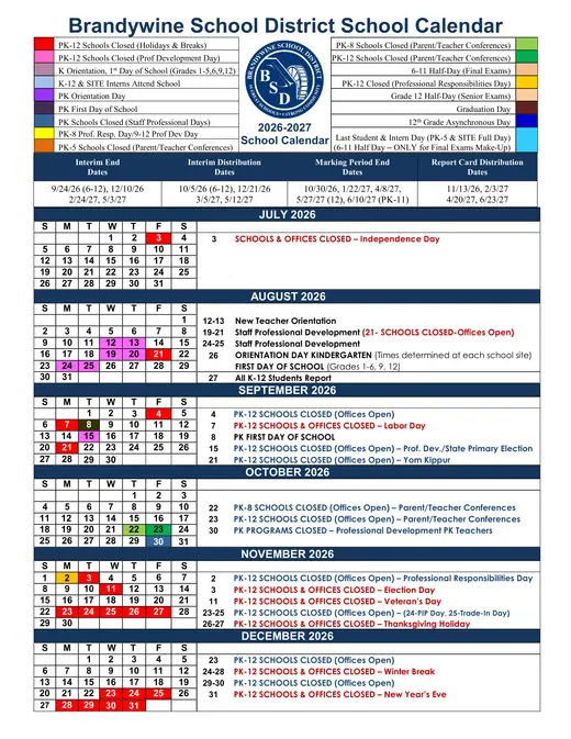 Brandywine School District 2026–2027 Academic Calendar Page 1
