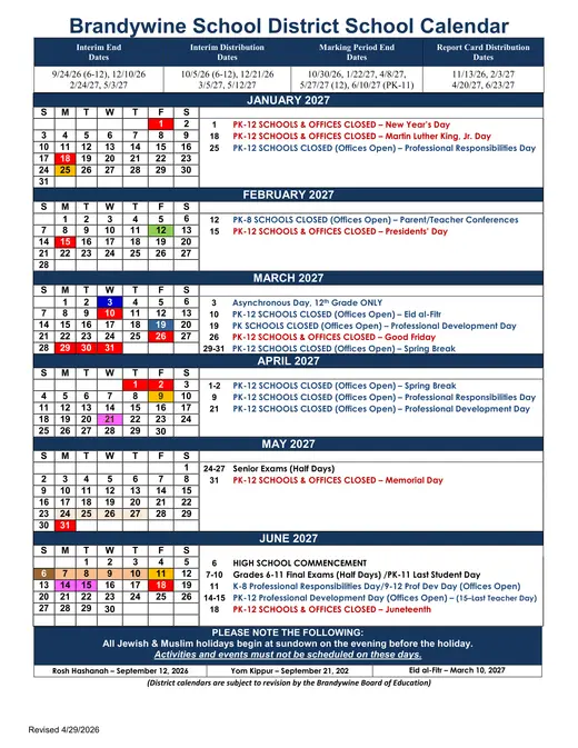 Brandywine School District 2026–2027 Academic Calendar Page 2