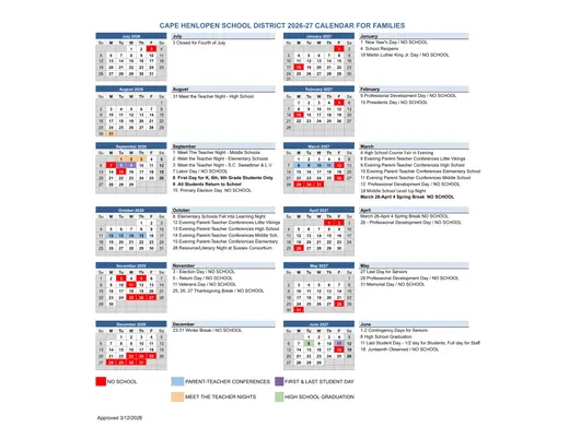 Cape Henlopen School District 2026–2027 Academic Calendar