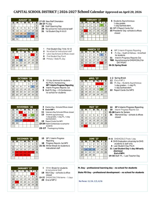 Capital School District 2026–2027 Academic Calendar