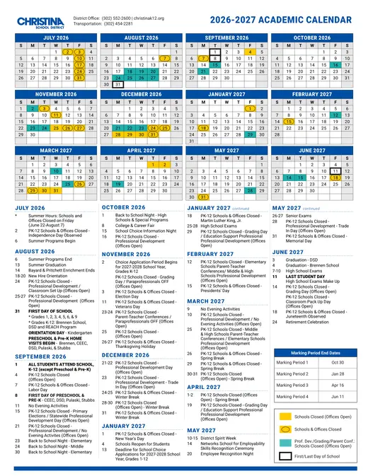Christina School District 2026–2027 Academic Calendar