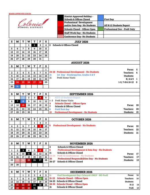 Colonial School District 2026–2027 Academic Calendar Page 1